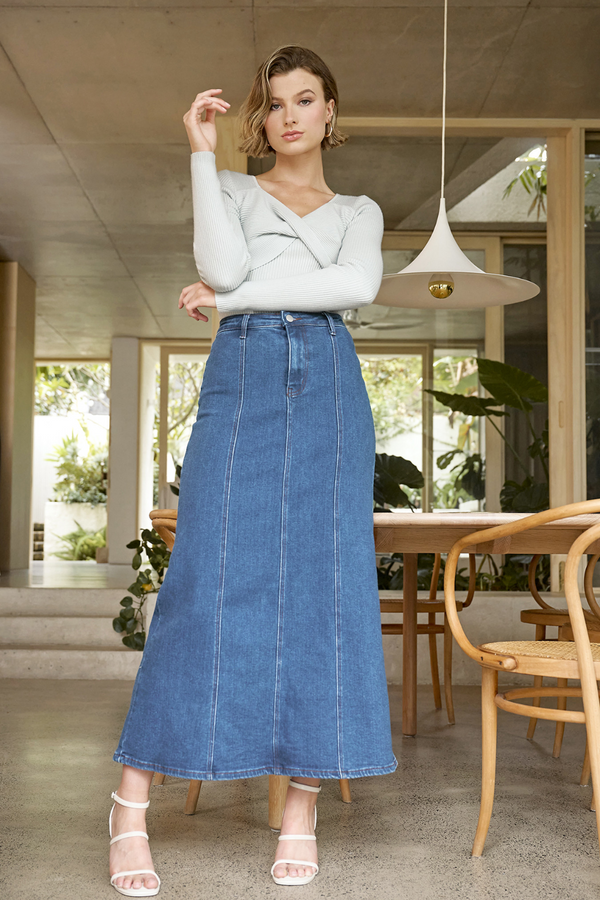 Maxi Denim Skirt with Panel Details - Blue