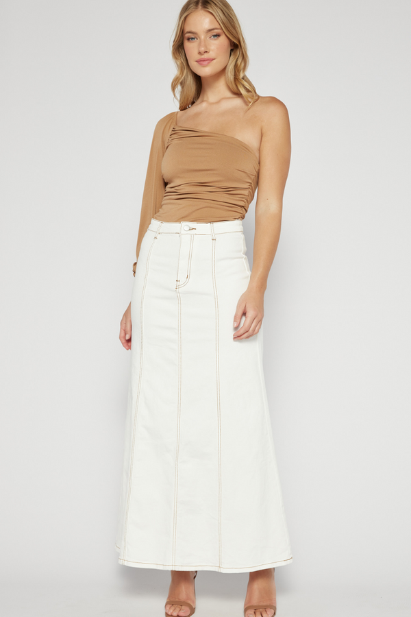 Maxi Denim Skirt with Panel Details - White